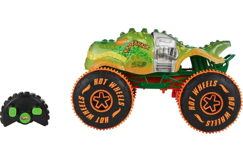 RC monster truck for kids ages 3 to 7 with big tires, next to its simple remote control